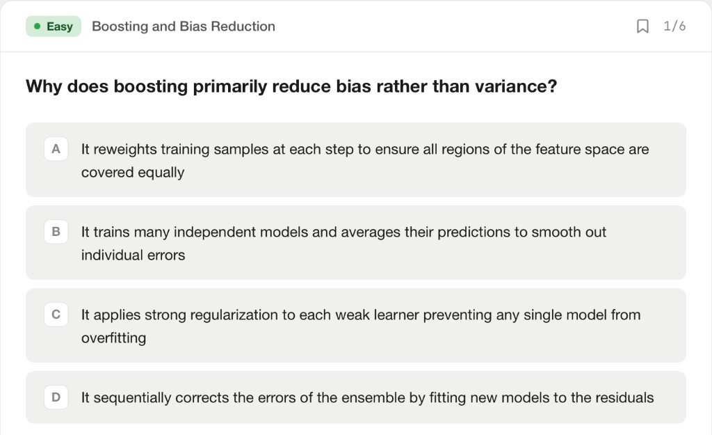 Practice: multiple-choice question on boosting and bias reduction, with difficulty and progress